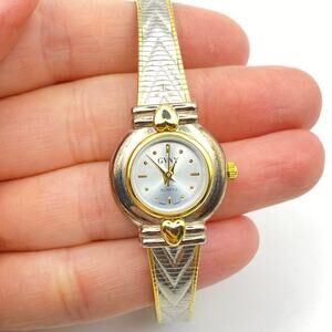 Vintage GVNY Two Tone Silver Gold Heart Quartz Bracelet Watch Japan Movt